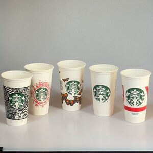STARBUCKS Reusable Coffee Cups Set Of 5 Assorted Designs 16 Oz Plastic Drinkware